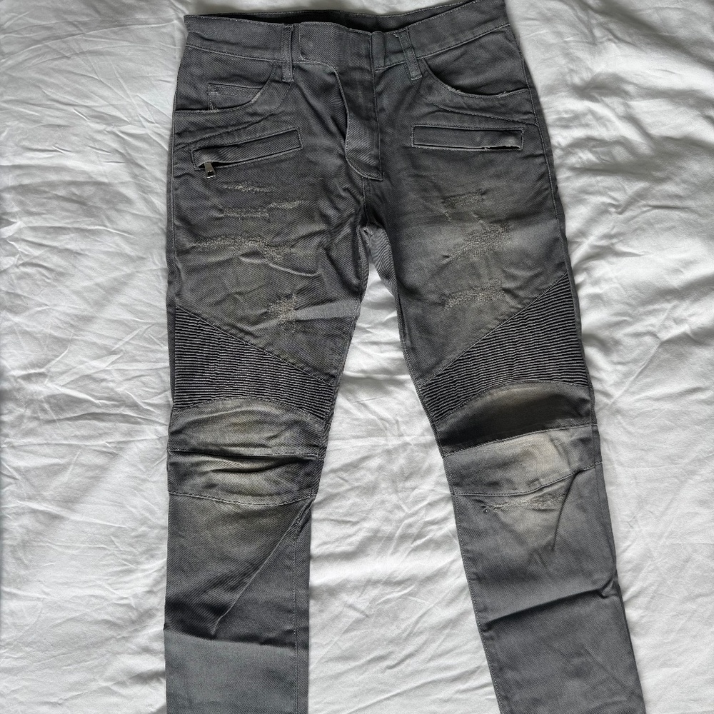 Balmain Grey Eroded Biker Jeans